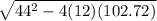 \sqrt{44^{2} - 4(12)(102.72) }