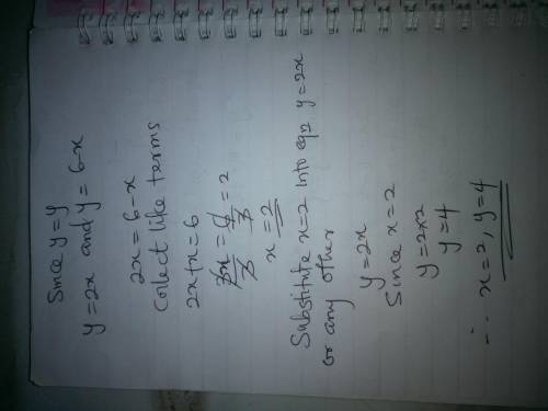 How is 2y=x+6 obtained by y=2x and y=6-x