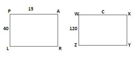 Parallelogram PARL is similar to parallelogram WXYZ. If AP = 15, PL = 40, and WZ = 120, find the val