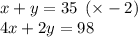 x + y = 35  \:  \: ( \times  - 2)\\ 4x + 2y = 98