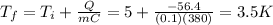 T_f=T_i + \frac{Q}{mC}=5+\frac{-56.4}{(0.1)(380)}=3.5 K