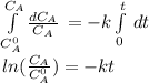 \int\limits^{C_A}_{C_A^0} { \frac{dC_A}{C_A}} \,=-k\int\limits^t_0 {} \, dt\\ln(\frac{C_A}{C_A^0})=-kt