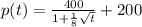p(t)=\frac{400}{1+\frac{1}{8}\sqrt{t}}+200