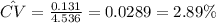 \hat{CV}= \frac{0.131}{4.536}= 0.0289 =2.89\%