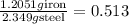 \frac{1.2051 g\text{iron}}{2.349 g\text{steel}}=0.513