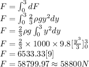 F=\int_{0}^{3}dF\\F=\int_{0}^{3}\frac{2}{3}\rho gy^2dy\\F=\frac{2}{3}\rho g\int_{0}^{3}y^2dy\\F=\frac{2}{3}\times 1000\times 9.8[\frac{y^3}{3}]_0^3\\F=6533.33[9]\\F=58799.97 \approx 58800 N