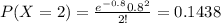 P(X=2) = \frac{e^{-0.8} 0.8^2}{2!}= 0.1438