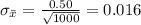 \sigma_{\bar x}=\frac{0.50}{\sqrt{1000}}=0.016