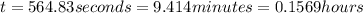 t=564.83seconds=9.414minutes=0.1569hours