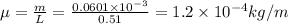 \mu=\frac{m}{L}=\frac{0.0601\times 10^{-3}}{0.51}=1.2\times 10^{-4}kg/m