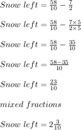 Snow\ left = \frac{58}{10} - \frac{7}{2}\\\\Snow\ left = \frac{58}{10} - \frac{7 \times 5}{2 \times 5}\\\\Snow\ left = \frac{58}{10} - \frac{35}{10}\\\\Snow\ left = \frac{58 - 35}{10}\\\\Snow\ left = \frac{23}{10}\\\\\In\ mixed\ fractions\\\\Snow\ left = 2\frac{3}{10}