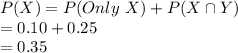 P (X) = P (Only\ X) + P (X \cap Y)\\=0.10+0.25\\=0.35