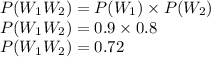 P(W_1W_2)=P(W_1) \times P(W_2)\\P(W_1W_2)=0.9 \times 0.8\\P(W_1W_2)=0.72