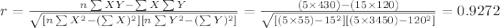 r=\frac{n\sum XY-\sum X\sum Y}{\sqrt{[n\sum X^{2}-(\sum X)^{2}][n\sum Y^{2}-(\sum Y)^{2}]}} }=\frac{(5\times430)-(15\times120)}{\sqrt{[(5\times55)-15^{2}][(5\times3450)-120^{2}]}} =0.9272
