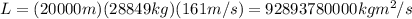 L=(20000m)(28849kg)(161m/s)=92893780000kgm^2/s