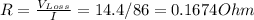 R=\frac{V_{Loss} }{I}=14.4/86=0.1674 Ohm