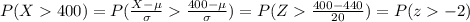 P(X400)=P(\frac{X-\mu}{\sigma}\frac{400-\mu}{\sigma})=P(Z\frac{400-440}{20})=P(z-2)