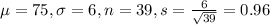 \mu = 75, \sigma = 6, n = 39, s = \frac{6}{\sqrt{39}} = 0.96