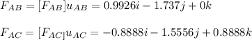 F_{AB} =[F_{AB} ]u_{AB} =0.9926i-1.737j+0k\\\\F_{AC}= [F_{AC]} u_{AC} =-0.8888i-1.5556j+0.8888k