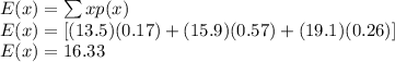 E(x)=\sum x p(x)\\E(x)= [(13.5)(0.17)+(15.9)(0.57)+(19.1)(0.26)]\\E(x)= 16.33