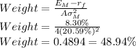 Weight=\frac{E_M-r_f}{A\sigma_M^2}\\Weight=\frac{8.30\%}{4(20.59\%)^2}\\Weight=0.4894 =48.94\%