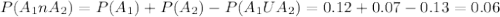 P(A_{1} n A_{2}) = P(A_{1}) + P(A_{2}) - P(A_{1}U A_{2}) = 0.12 + 0.07 - 0.13 = 0.06