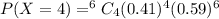 P(X=4)=^6C_4(0.41)^4(0.59)^{6}
