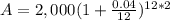 A=2,000(1+\frac{0.04}{12})^{12*2}
