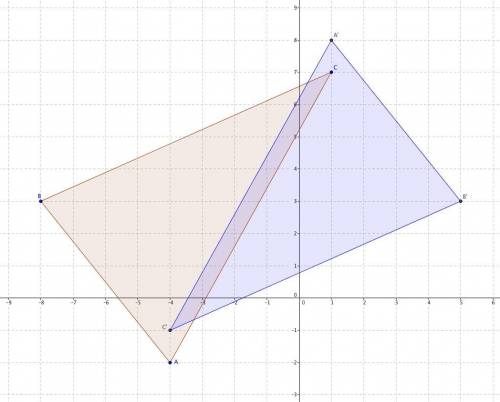 For angle ABC WITH (-4,-2) B(-8,3) and C(1,7), find the coordinates of the image after a rotation of