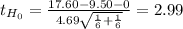 t_{H_0}= \frac{17.60-9.50-0}{4.69\sqrt{\frac{1}{6}+\frac{1}{6}  } }= 2.99