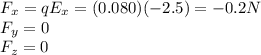 F_x=qE_x=(0.080)(-2.5)=-0.2 N\\F_y=0\\F_z=0