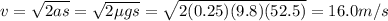 v=\sqrt{2as}=\sqrt{2\mu gs}=\sqrt{2(0.25)(9.8)(52.5)}=16.0 m/s
