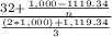 \frac{32 + \frac{1,000 - 1119.34}{n} }{\frac{(2*1,000) + 1,119.34}{3}}