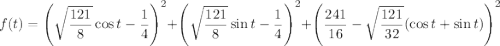 f(t)=\left(\sqrt{\dfrac{121}8}\cos t-\dfrac14\right)^2+\left(\sqrt{\dfrac{121}8}\sin t-\dfrac14\right)^2+\left(\dfrac{241}{16}-\sqrt{\dfrac{121}{32}}(\cos t+\sin t)\right)^2