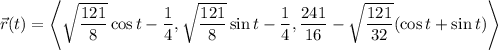 \vec r(t)=\left\langle\sqrt{\dfrac{121}8}\cos t-\dfrac14,\sqrt{\dfrac{121}8}\sin t-\dfrac14,\dfrac{241}{16}-\sqrt{\dfrac{121}{32}}(\cos t+\sin t)\right\rangle
