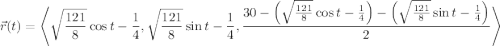 \vec r(t)=\left\langle\sqrt{\dfrac{121}8}\cos t-\dfrac14,\sqrt{\dfrac{121}8}\sin t-\dfrac14,\dfrac{30-\left(\sqrt{\frac{121}8}\cos t-\frac14\right)-\left(\sqrt{\frac{121}8}\sin t-\frac14\right)}2\right\rangle