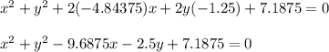 x^2+y^2+2(-4.84375)x +2y(-1.25) +7.1875 = 0\\\\x^2+y^2 -9.6875x-2.5y + 7.1875 = 0