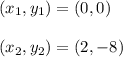 (x_1, y_1) = (0, 0)\\\\(x_2, y_2) = (2, -8)