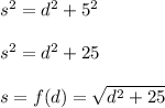 s^2=d^2+5^2\\\\s^2=d^2+25\\\\s=f(d)=\sqrt{d^2+25}