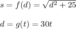 s=f(d)=\sqrt{d^2+25}\\\\d=g(t)=30t