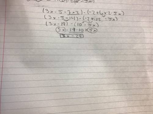 Subtract the polynomials (3x-5-7x2)-(-2+6x2-5x) and rewrite the polynomials without parenthesis. Rem