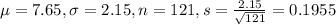 \mu = 7.65, \sigma = 2.15, n = 121, s = \frac{2.15}{\sqrt{121}} = 0.1955