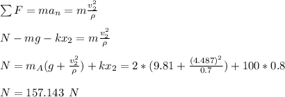 \sum F=ma_n=m\frac{v_2^2}{\rho}\\\\N-mg-kx_2=m\frac{v_2^2}{\rho}\\\\N=m_A(g+\frac{v_2^2}{\rho}})+kx_2=2*(9.81+\frac{(4.487)^2}{0.7})+100*0.8\\\\N=157.143\:\:N