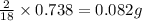\frac{2}{18}\times 0.738=0.082g