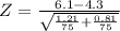 Z=\frac{6.1-4.3}{\sqrt{\frac{1.21}{75}+ \frac{0.81}{75} } }