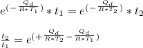 e^(^-^\frac{Q_d}{R*T_1}^)*t_1 = e^(^-^\frac{Q_d}{R*T_2}^)*t_2\\\\\frac{t_2}{t_1} =  e^(^+^\frac{Q_d}{R*T_2}^ - ^\frac{Q_d}{R*T_1}^)
