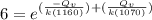 6 =  e ^{{(\frac{-Q_v }{k(1160)}) }{{+(\frac{Q_v }{k(1070)})}}}