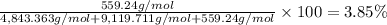 \frac{559.24 g/mol}{4,843.363 g/mol + 9,119.711 g/mol +  559.24 g/mol}\times 100=3.85\%