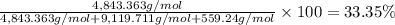 \frac{4,843.363 g/mol}{4,843.363 g/mol + 9,119.711 g/mol +  559.24 g/mol}\times 100=33.35 \%