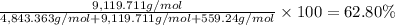 \frac{9,119.711 g/mol}{4,843.363 g/mol + 9,119.711 g/mol +  559.24 g/mol}\times 100=62.80\%